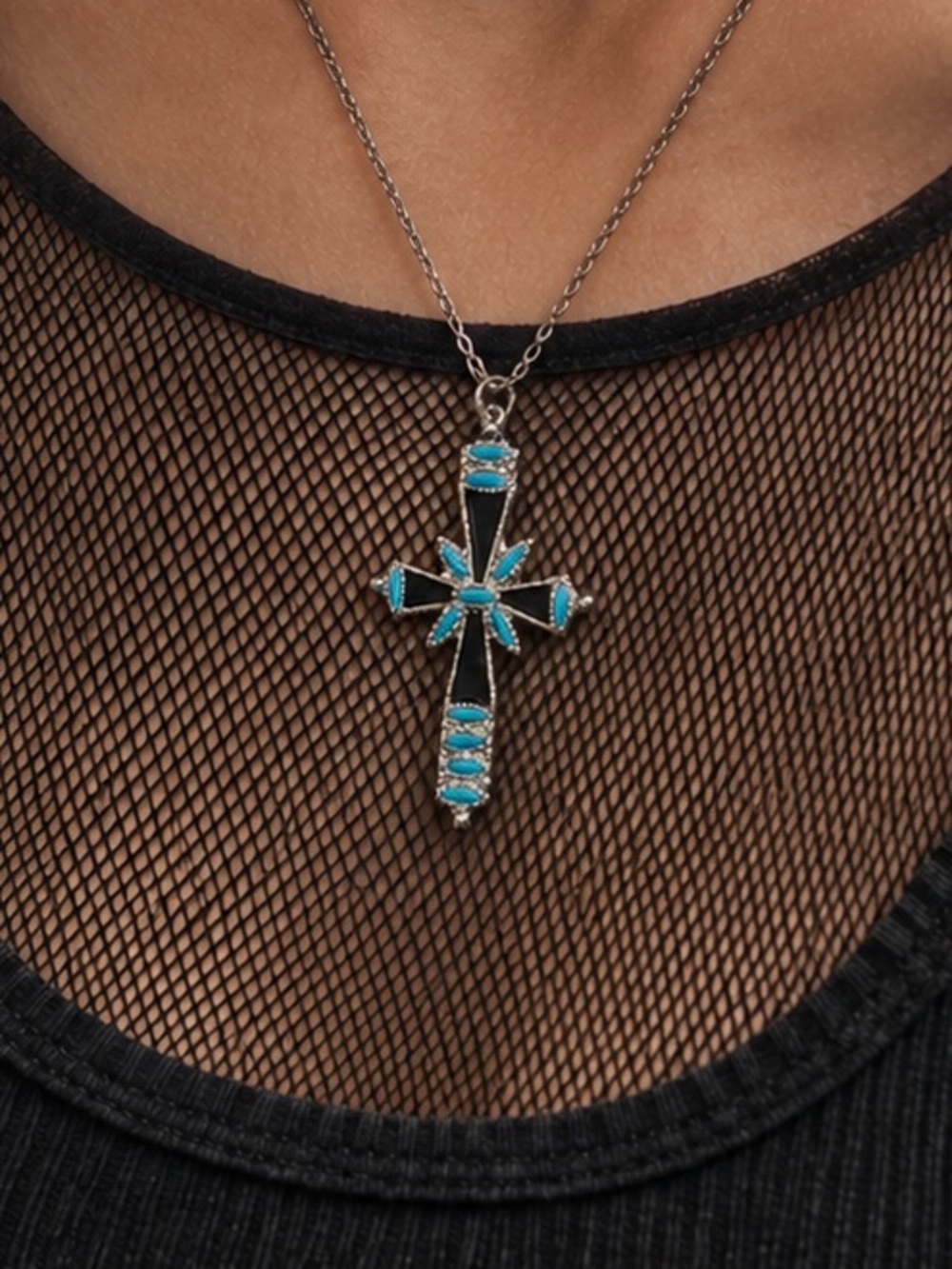 VINTAGE Y2K Gothic Cross Pendant Black Enamel Turquoise